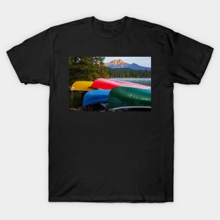 Canoes on Cavell Lake Jasper National Park Alberta Canada Pyramid Mountain T-Shirt